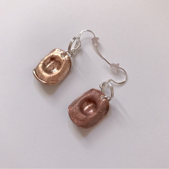Handcrafted Rodeo Western Cowgirl Hat 1 Cent Penny Coin Pierced Drop Earrings - Picture 5 of 6